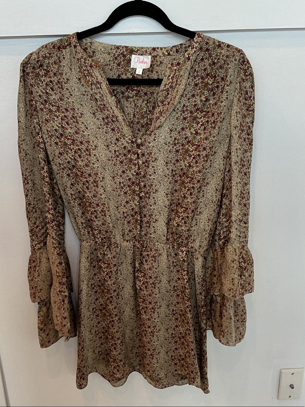 Parker Olive and Burgundy Floral V-Neck Tunic